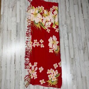 Red Floral Sarong Swimsuit Cover Up Plumeria Fringe Beach Pool Resort‎ Wear